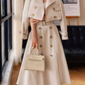 Women'S Chic Beige Double-Breasted Trench Coat & Skirt Set - Long Sleeve, Button-Up, Solid Color