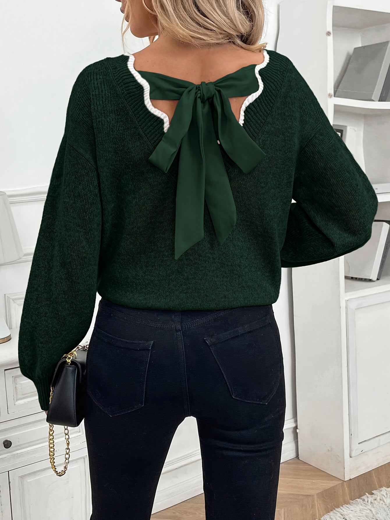 Women'S Elegant French-Inspired V-Neck Sweater with Back Bow - Long Sleeve, Loose Fit, Solid Color