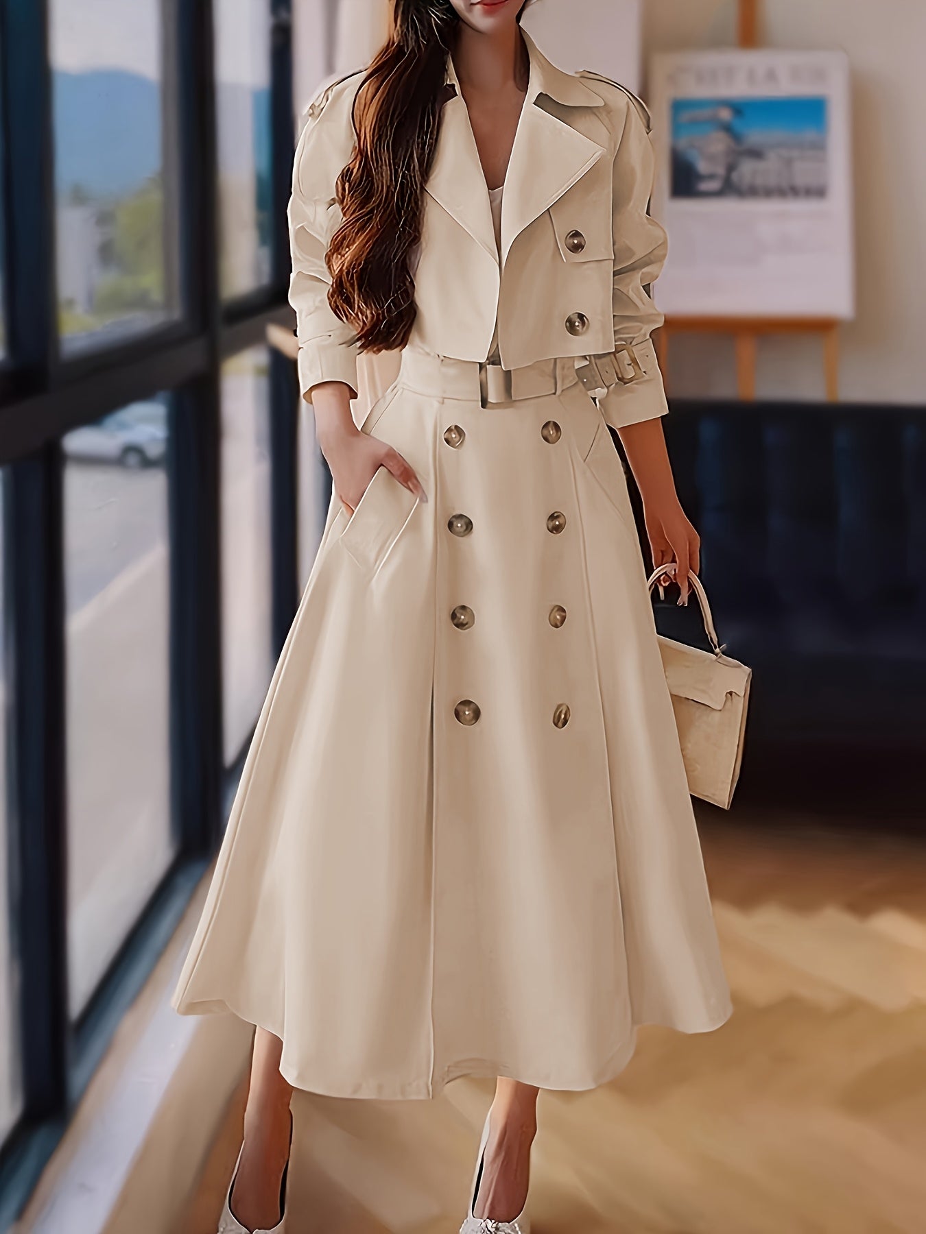 Women'S Chic Beige Double-Breasted Trench Coat & Skirt Set - Long Sleeve, Button-Up, Solid Color