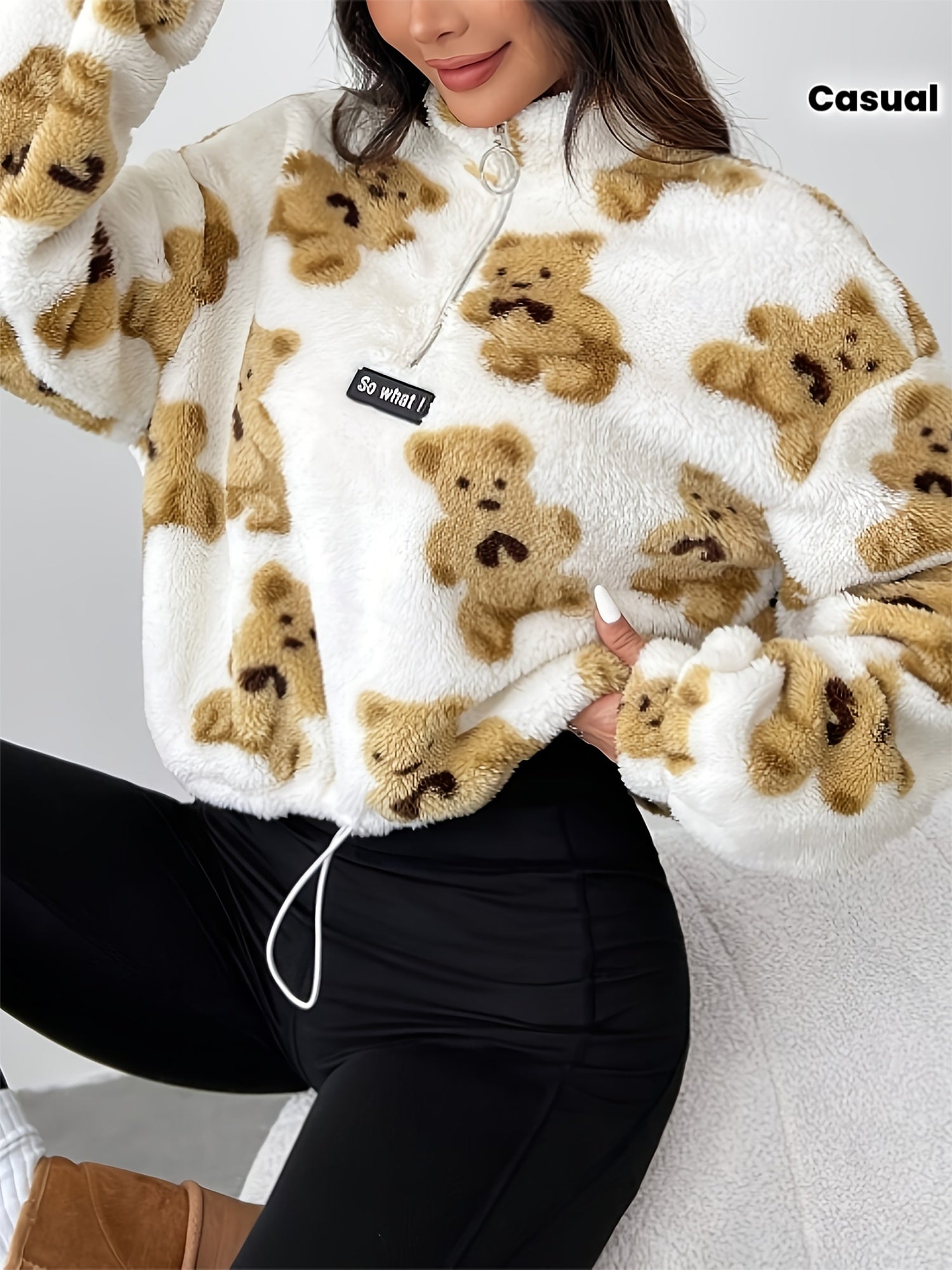 YY0813065+ Women'S New Cartoon Bear Pattern Plush Half-Zip Sweatshirt