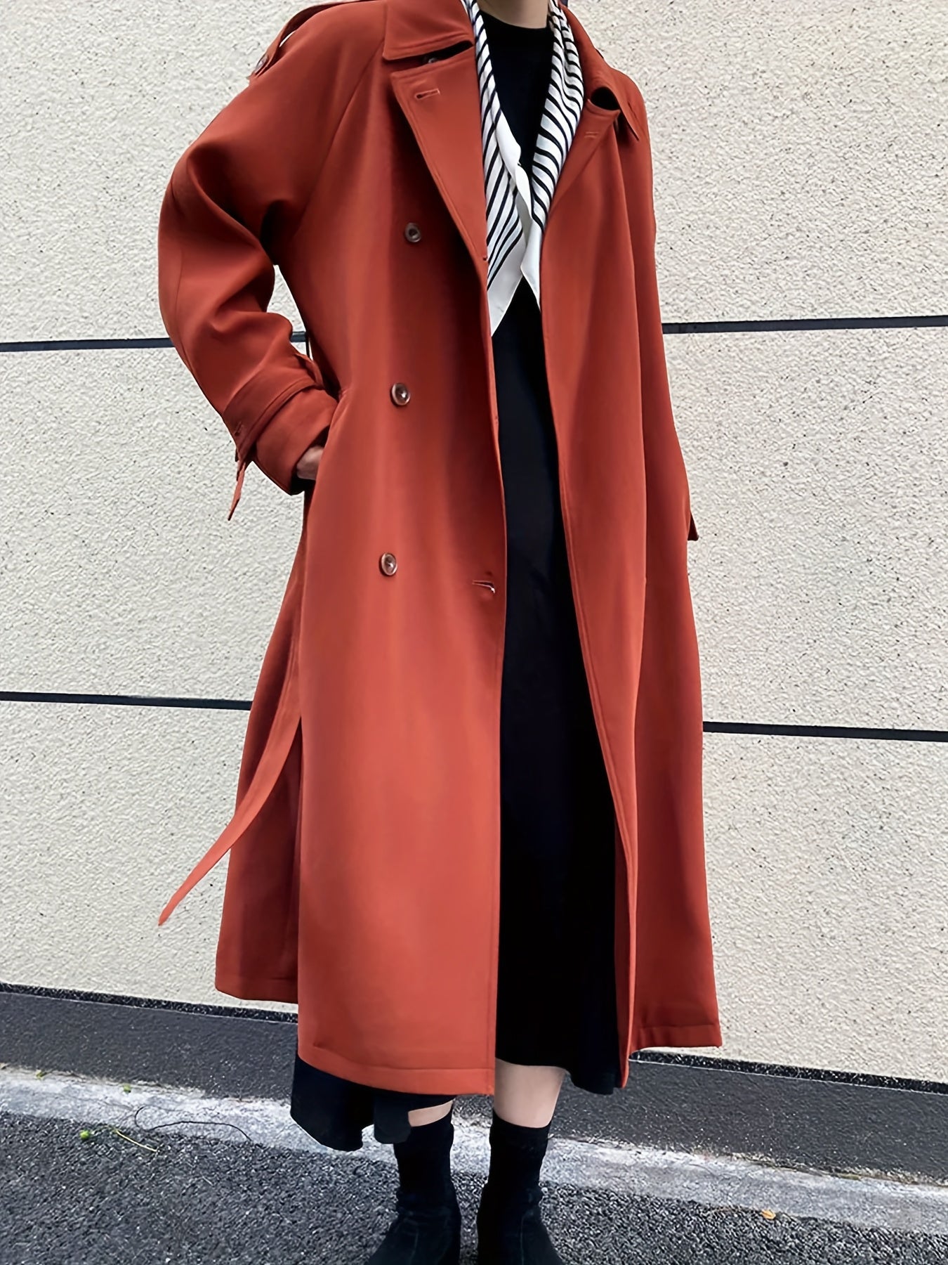Elegant Orange Red Double-Breasted Trench Coat for Women - Loose Fit, Long Style, Polyester