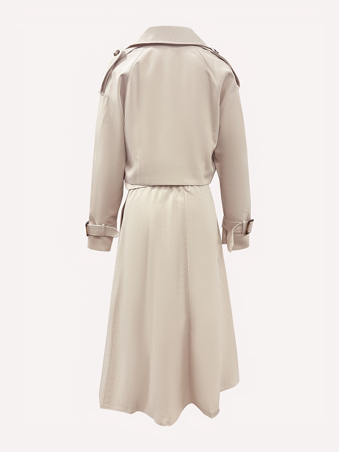 Women'S Chic Beige Double-Breasted Trench Coat & Skirt Set - Long Sleeve, Button-Up, Solid Color