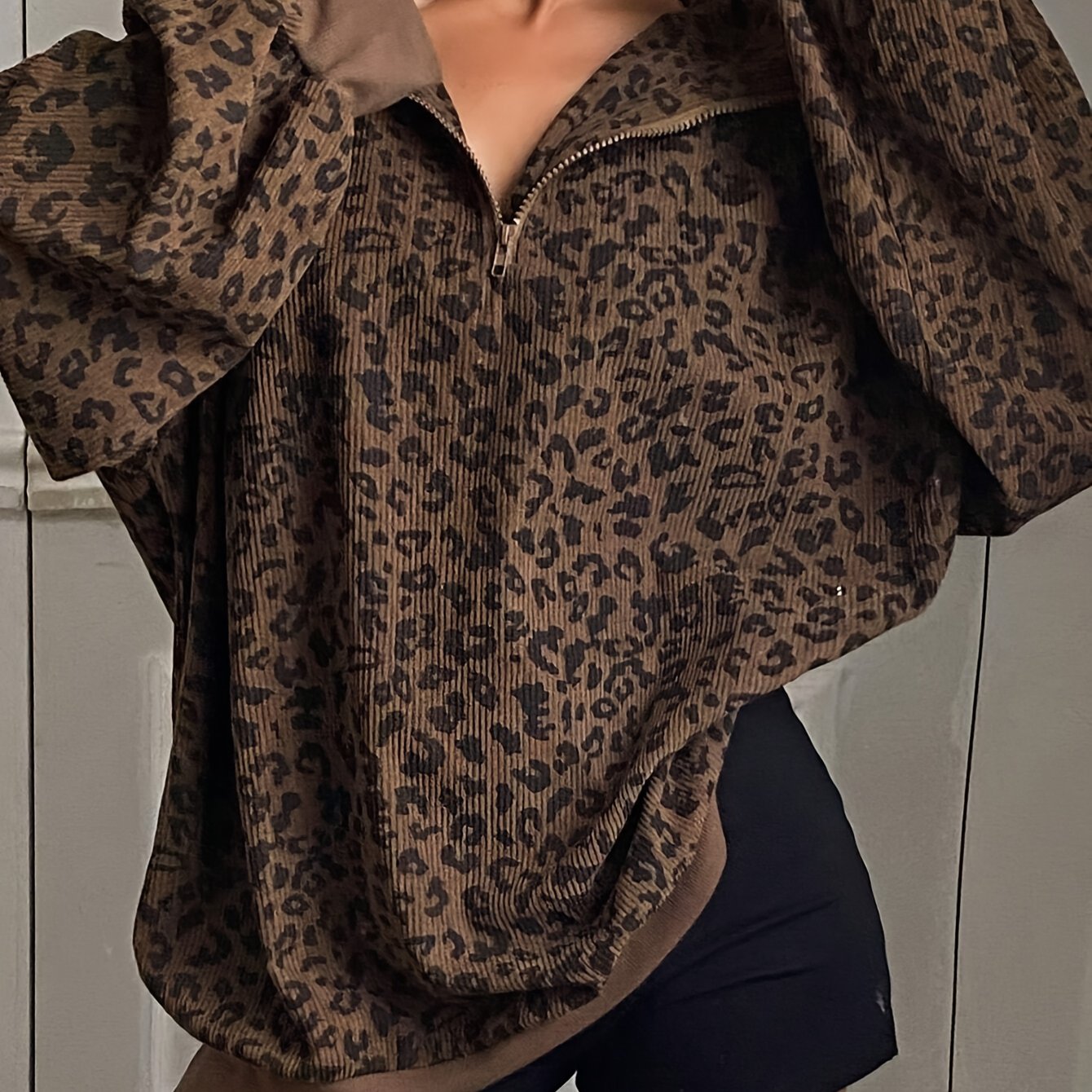 Leopard Print Hoodie Leopard Print Women's Casual Zip-Up Hoodie - Long Sleeve, Loose Fit